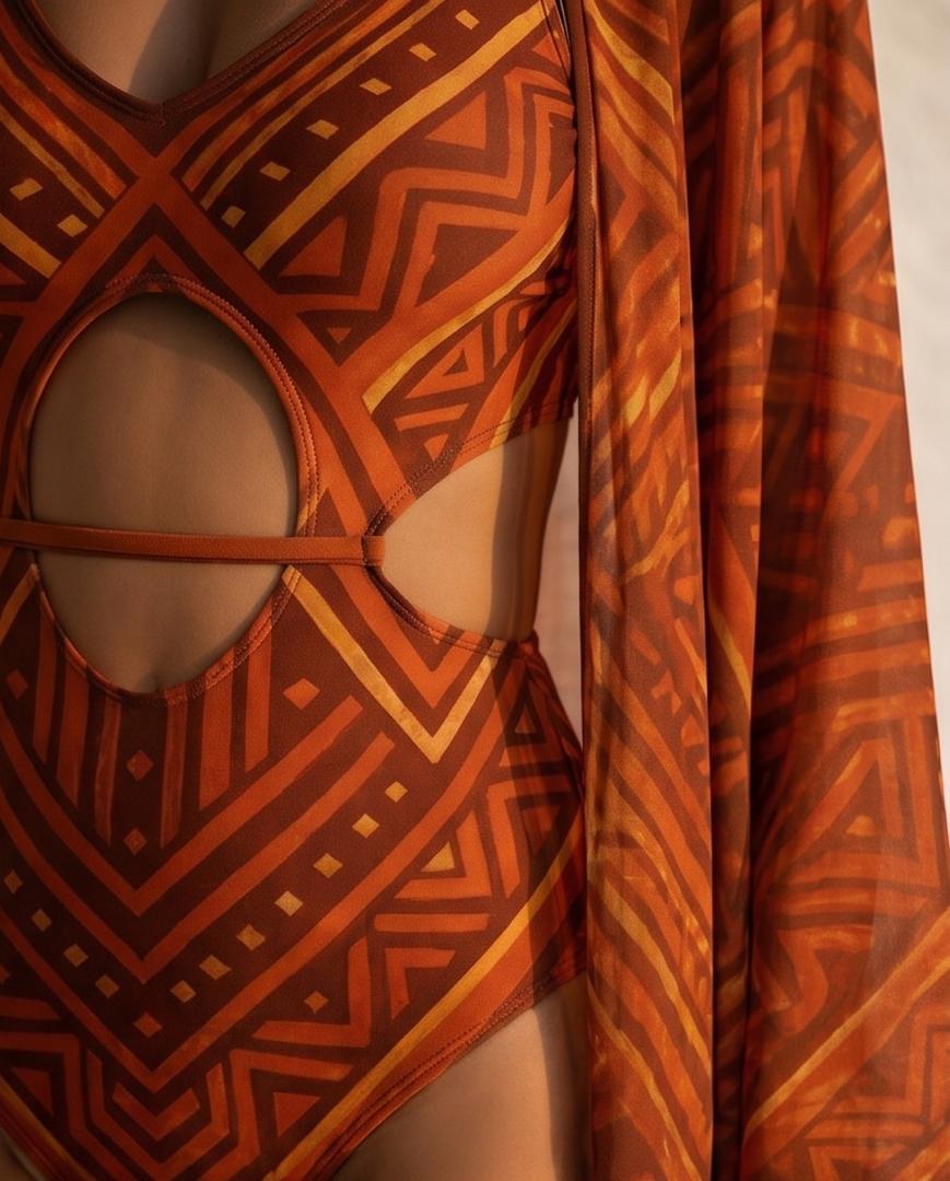 Velora - Ethnic Print Sculpting Bodysuit & Kimono Set