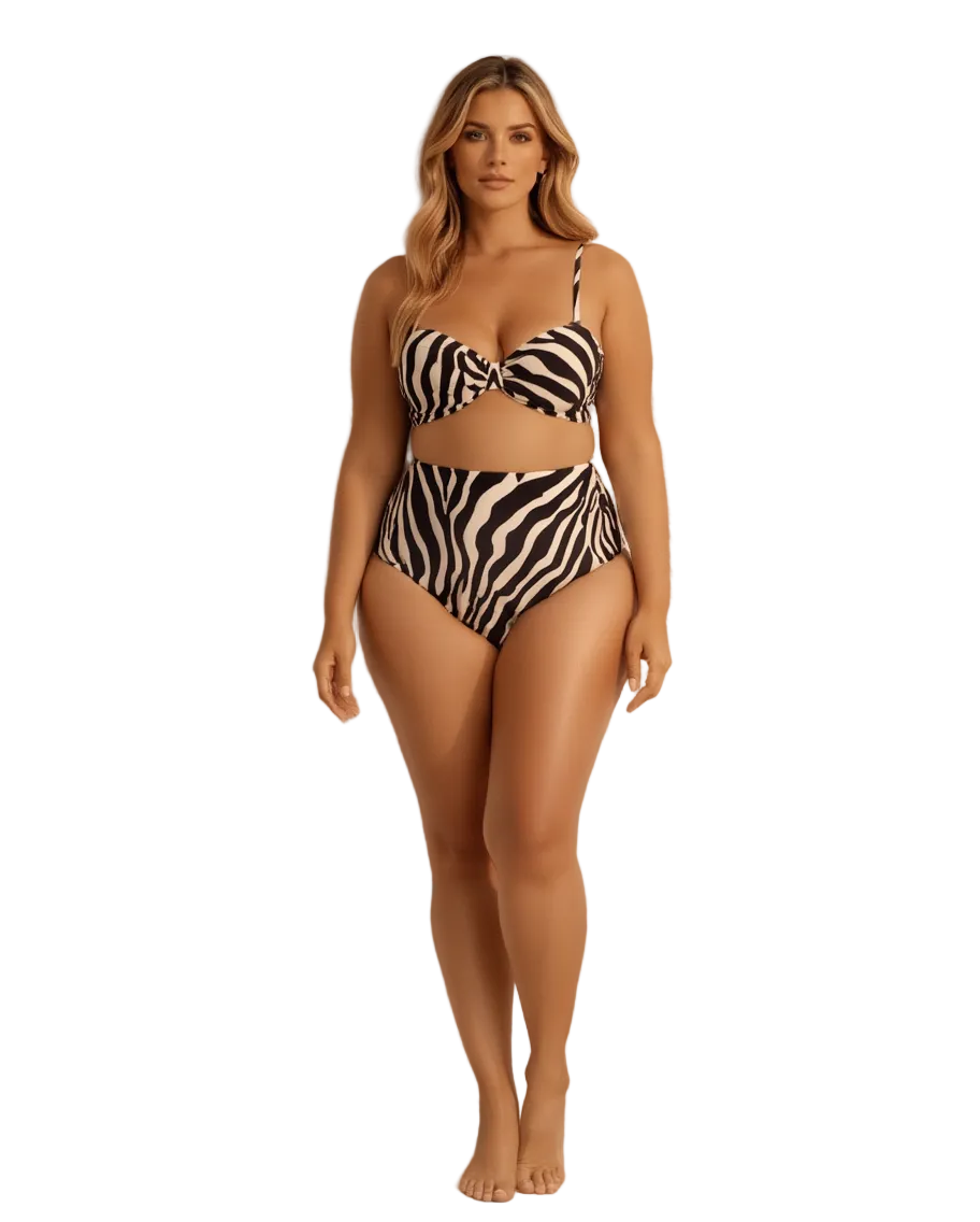 Zebria - High-Waist Zebra Print Swimsuit & Kimono Set