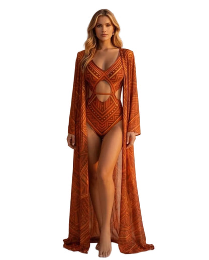 Velora - Ethnic Print Sculpting Bodysuit & Kimono Set
